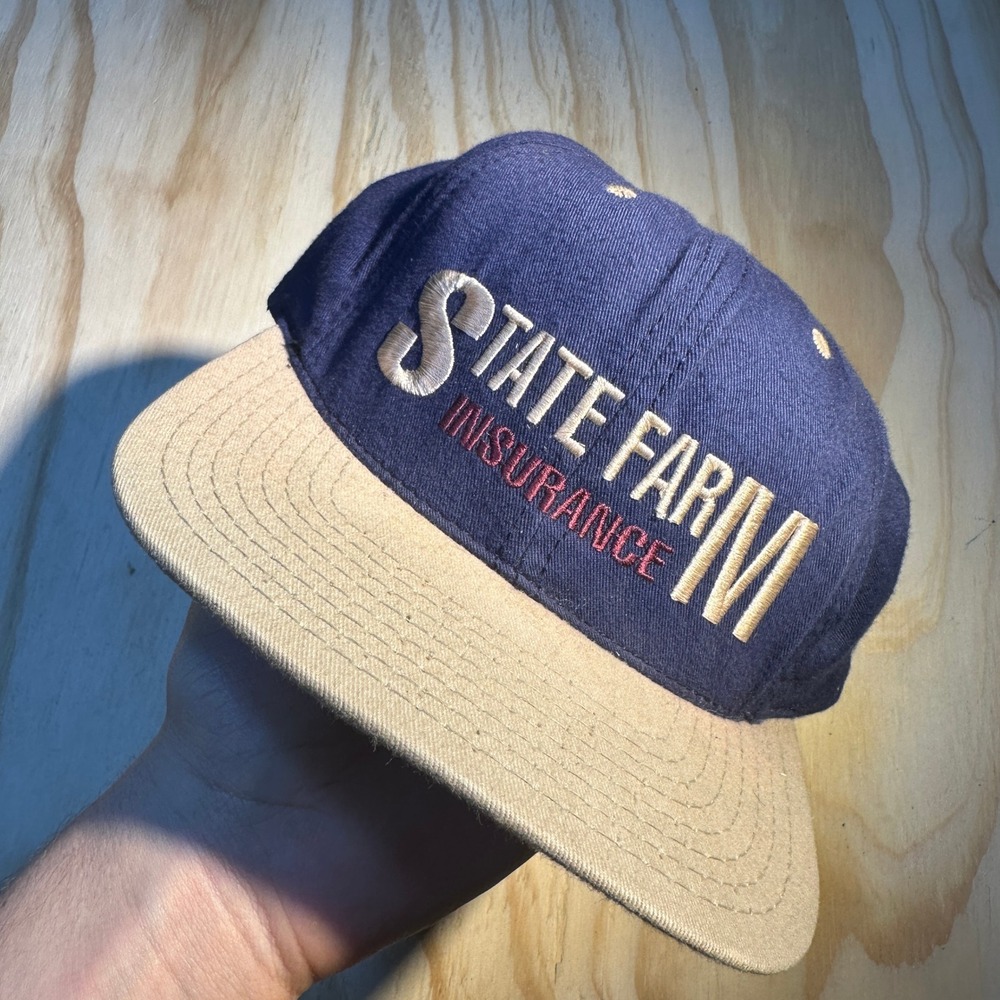Vintage State Farm Insurance Snapback Hat Made in USA Navy Tan OSFM